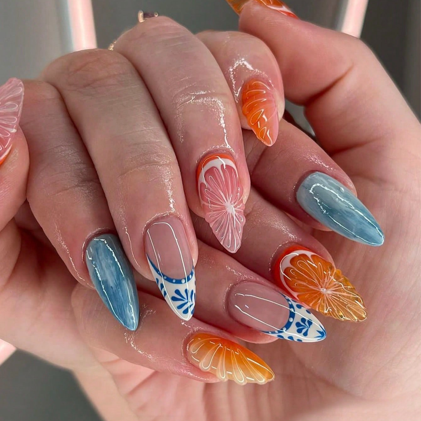 TEMU 48pcs Floral Gradient Press-on Nails - French Tips With Orange, Grapefruit & Designs, Medium Almond Shape, Glossy Finish, Parties, Holidays &