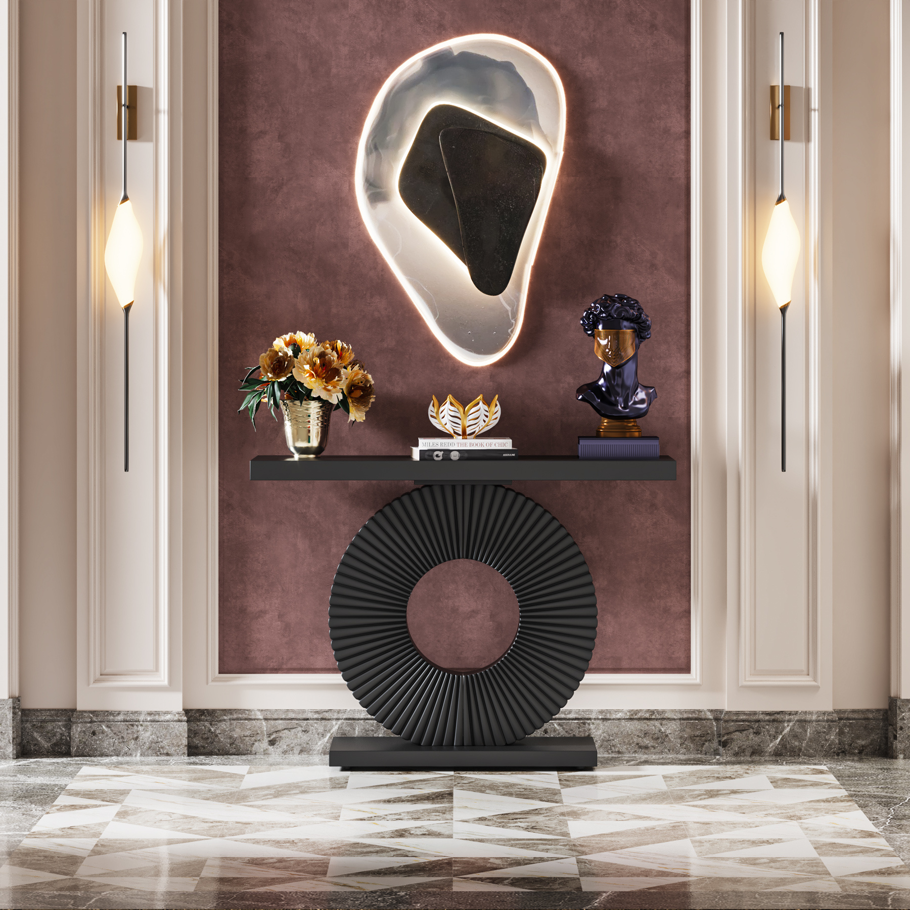40-Inch Wooden Entry Table, Slim And Elongated, Modern Console with a Geometric Base, Contemporary Accent Piece for The Living Room, Hallway, Or Entryway, in Black