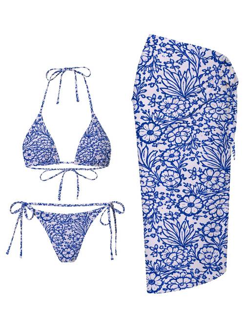 blue floral pattern with delicate leaves and on white background elegant design for swimwear female exquisite ed pattern exquisite and skirt set