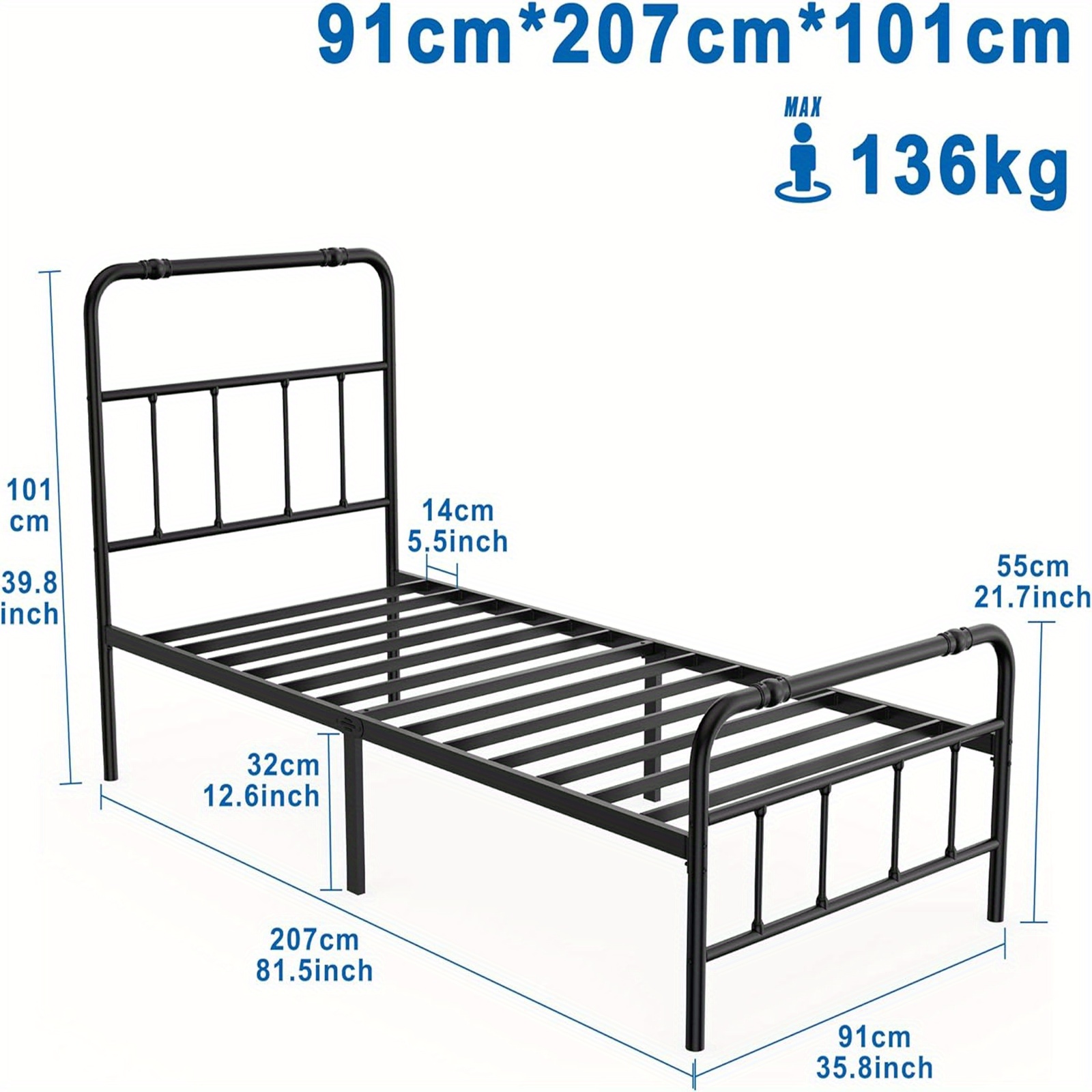 Bed Frame Metal Bed Metal Bed Frame Guest Bed Metal Bed Youth Bed For Bedroom With Headboard Double Bed/single Bed, Black