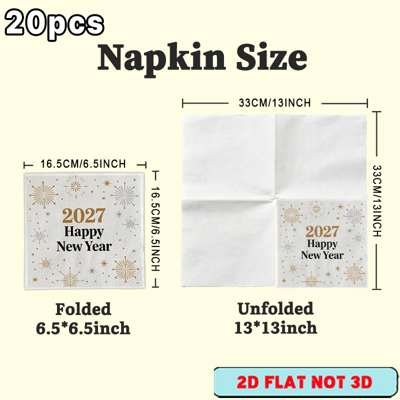TEMU 20pcs 2d Flat 2027 Happy New Year Snowflake Pattern Napkins, Vivid Instagram Aesthetic Table Decor Photo Props, Happy New Year Vibrant Festive