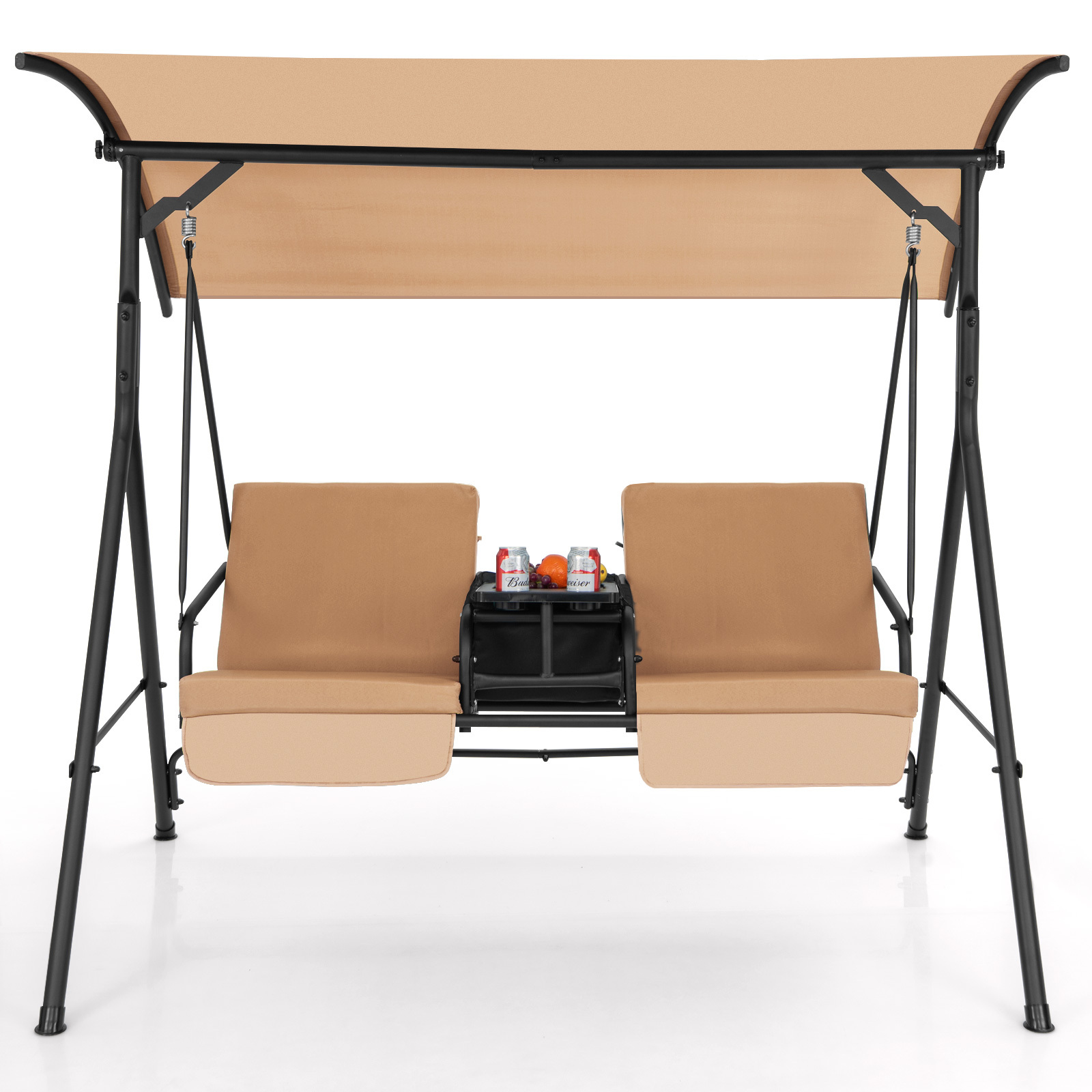 LIFEZEAL Porch Swing Chair with Adjustable Canopy, 2-Person Swing Chair with Cooler Bag, Rotatable Tray and Removable Cushions, Outdoor Canopy Swing Loveseat for Backyard Balcony Poolside. - Image 2