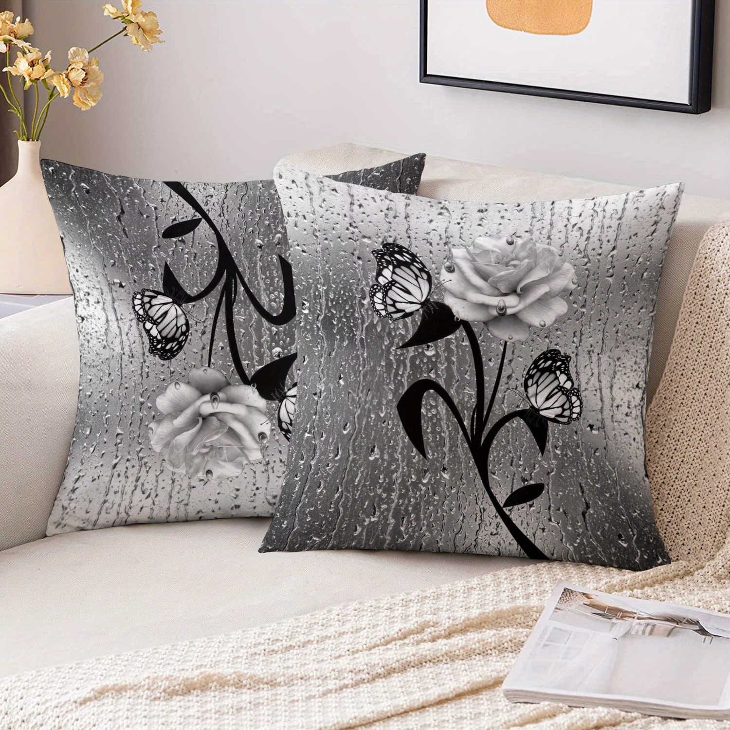 TEMU 2pcs Modern Art Pillow Covers, 18x18 Inches - Soft Plush Silvery Gray With Black Leaves And White Roses Pattern, Single-sided Print, Zipper