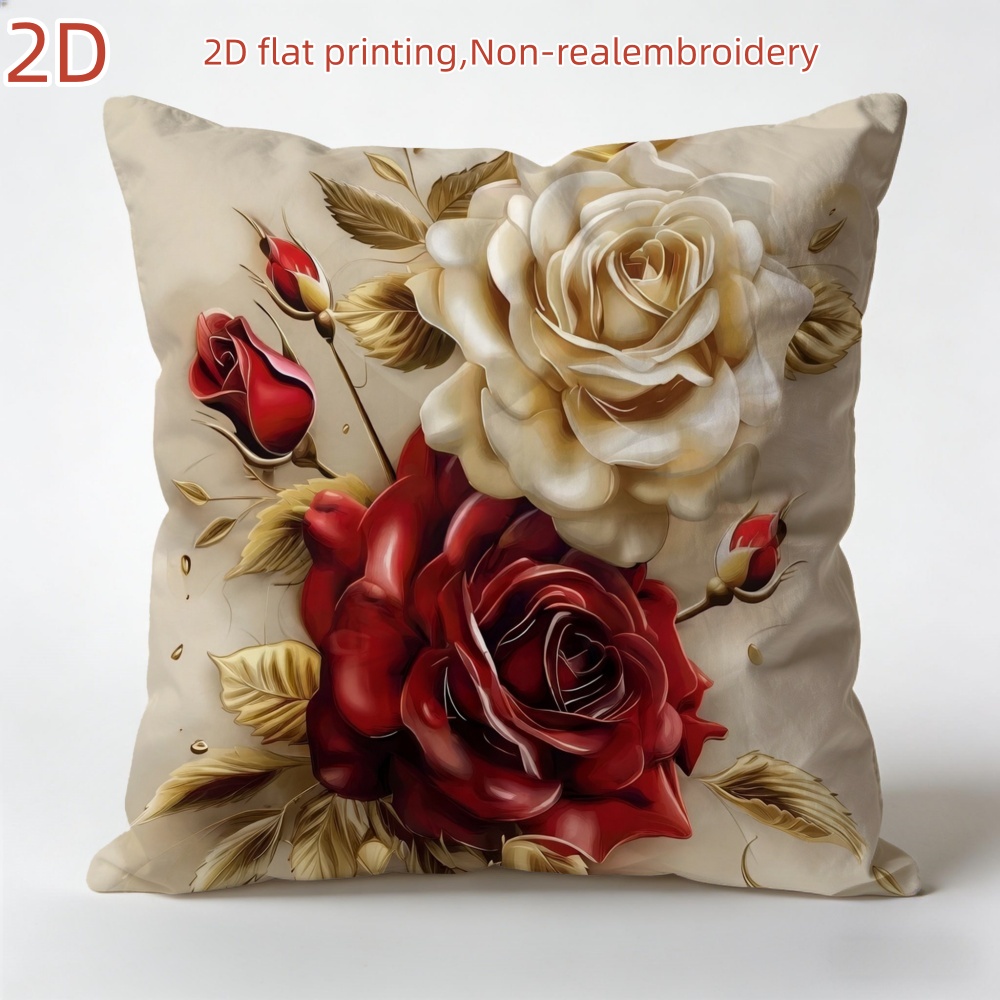 TEMU 2d Flat - 1pc 2d Flat Printed Luxury Floral Pillow Cover | Red And White Roses With Design On Light Beige Background, Non-real Embroidery,