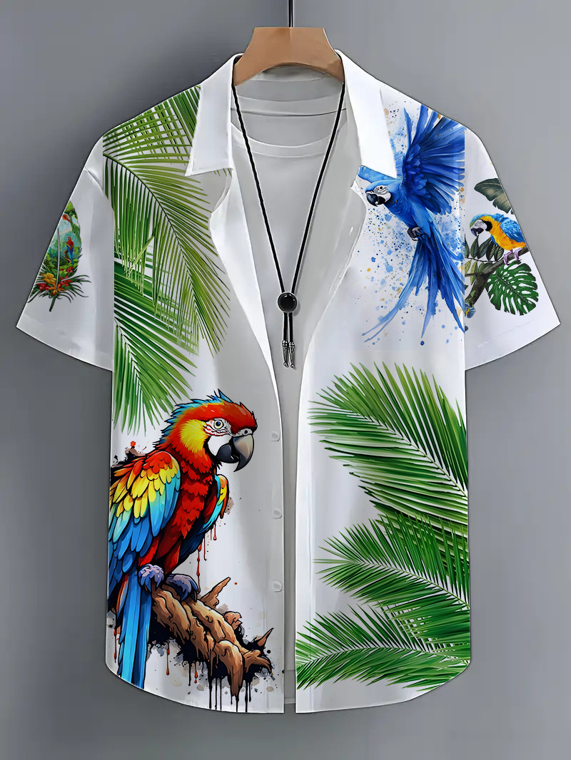 Men'S Hawaiian Shirt - Tropical Palm Tree & Parrot Print Button-Up Collar Short Sleeve Shirt, Loose Fit Beach Vacation Shirt for Surfing, Pool, Casual Outings - Lightweight Summer Clothing, Beach Clothes, Poolside Attire, Breathable Fabric