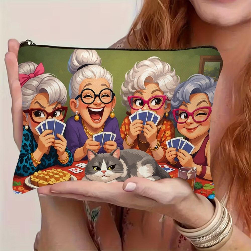TEMU 1pc 2d Flat Printed Cosmetic Bag, Durable Polyester Makeup Pouch With Zipper Closure, Pattern Of Elderly Women Playing Cards With Cozy Cat Over