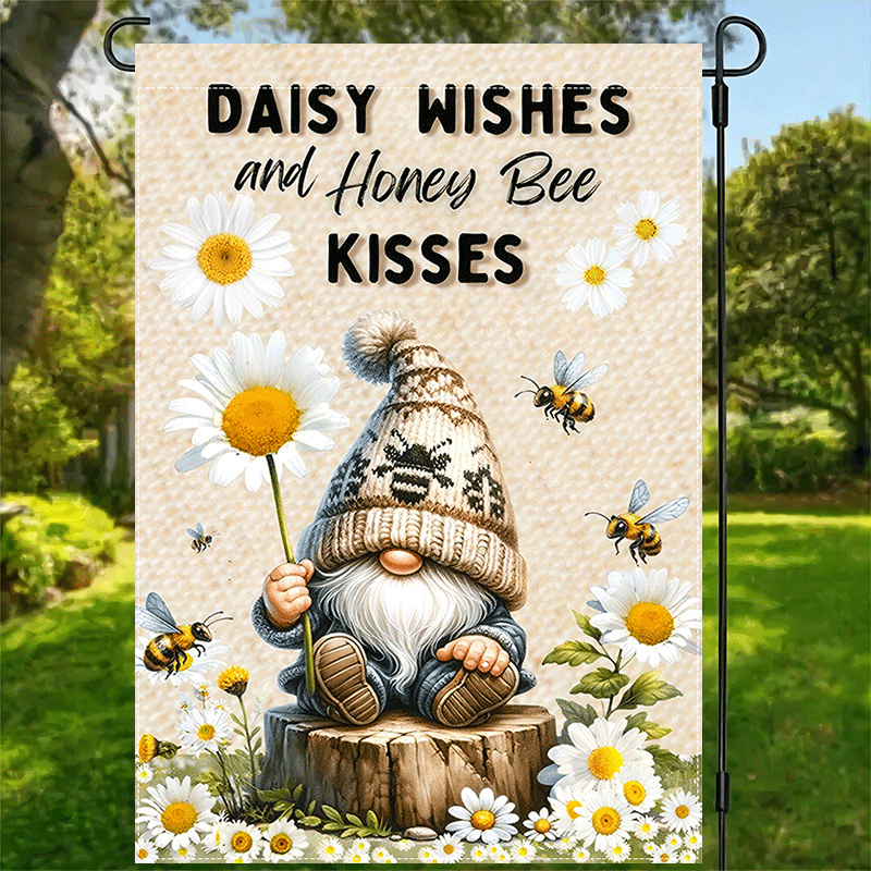 

1pc Daisy Wishes And Honey Bee Garden Flag - Double-sided Polyester Burlap House Flag, 12x18inch, Rustic Outdoor Decor, Machine Washable, Multipurpose Use Without Electricity