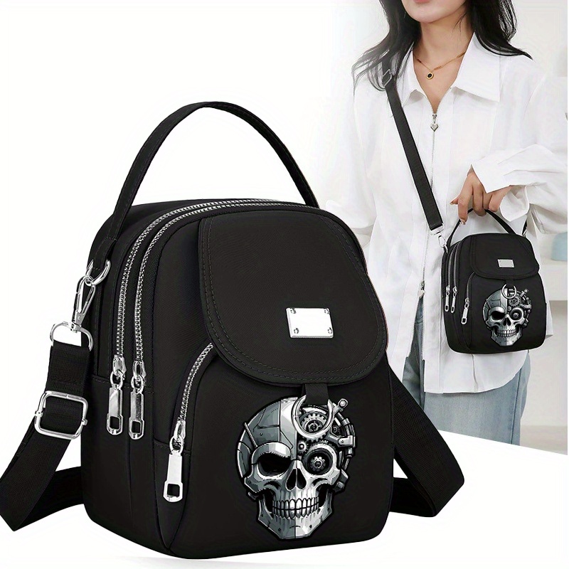1pc Futuristic Skull & Gears Design Unisex Crossbody Bag - Adjustable Shoulder Strap, Zipper Closure, Durable, Coffee/gray/black For Daily , Travel & Casual