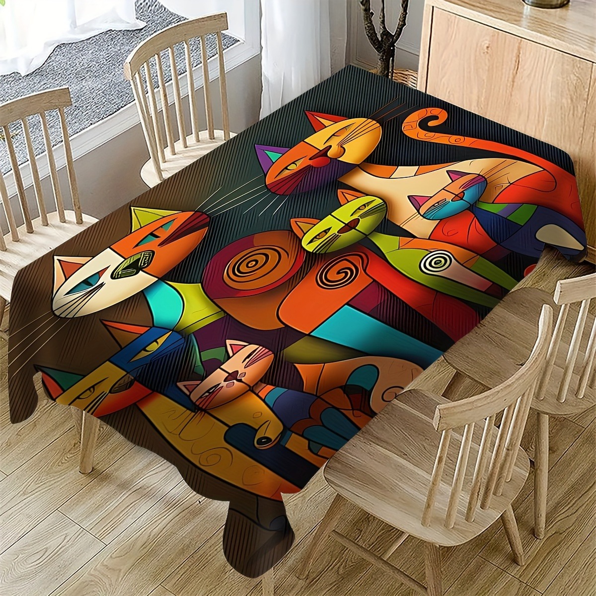 TEMU 1pc Rectangular Tablecloth, Color, Printed With Multiple Abstract Geometric-style Cat Patterns In Vibrant Colors Such As Red, Yellow, Blue, And