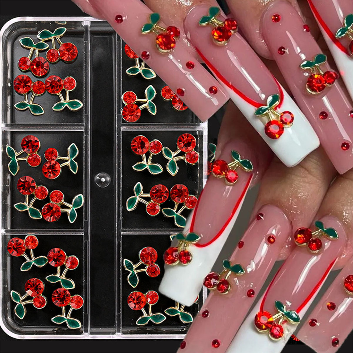 30pcs/box 3d Nail Charms 10x11mm Golden Metal Cherry Nail Art 6gird/box Cherry Manicure Jewelry