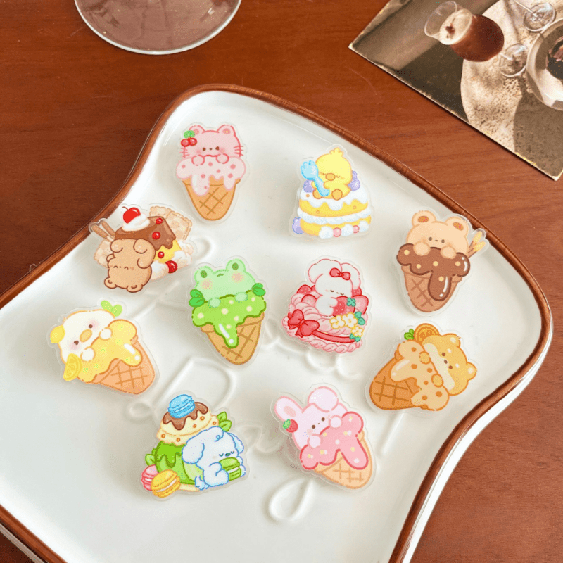 

10pcs Macaron Cream Brooch Set, Cute Cartoon Acrylic Pins, New Year Gift Accessories