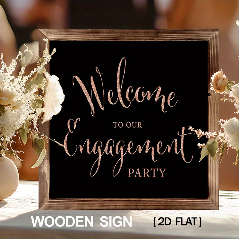 TEMU 1pc Modern Welcome Our Engagement Party Sign - 8x8 Inch Rustic Farmhouse Wedding Decor, On Black Wood, Elegant Cursive Welcome Plaque. Suitable