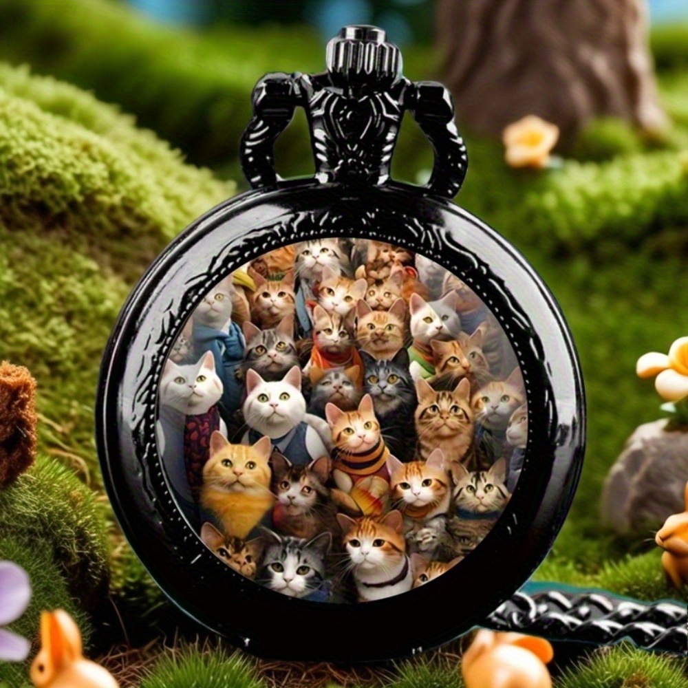 TEMU 1pc Vintage Cat Pendant Watch Necklace With Quartz Movement, Alloy Case & Band, Colorful Cat Design - Unique Christmas Birthday Gift For Cat