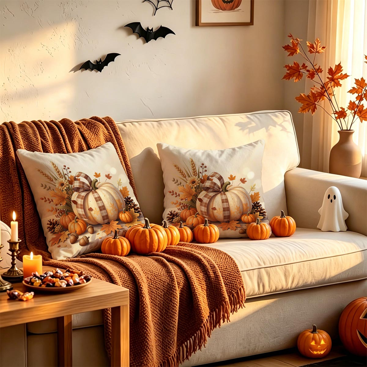TEMU 2pcs Pillowcase Set, 2d Flat Autumn Pumpkin And Maple Leaf Combination Pattern Pillowcases, High-quality Durable Polyester Fiber, Soft And