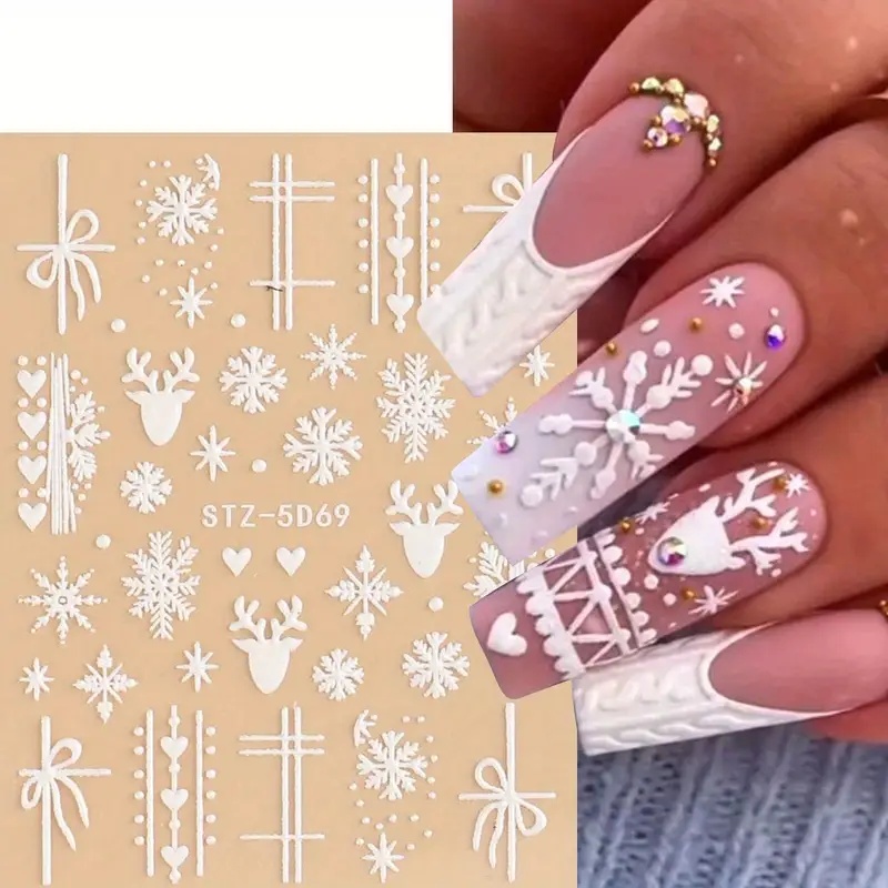 5d Embossed Snowflake And Deer Nail Stickers