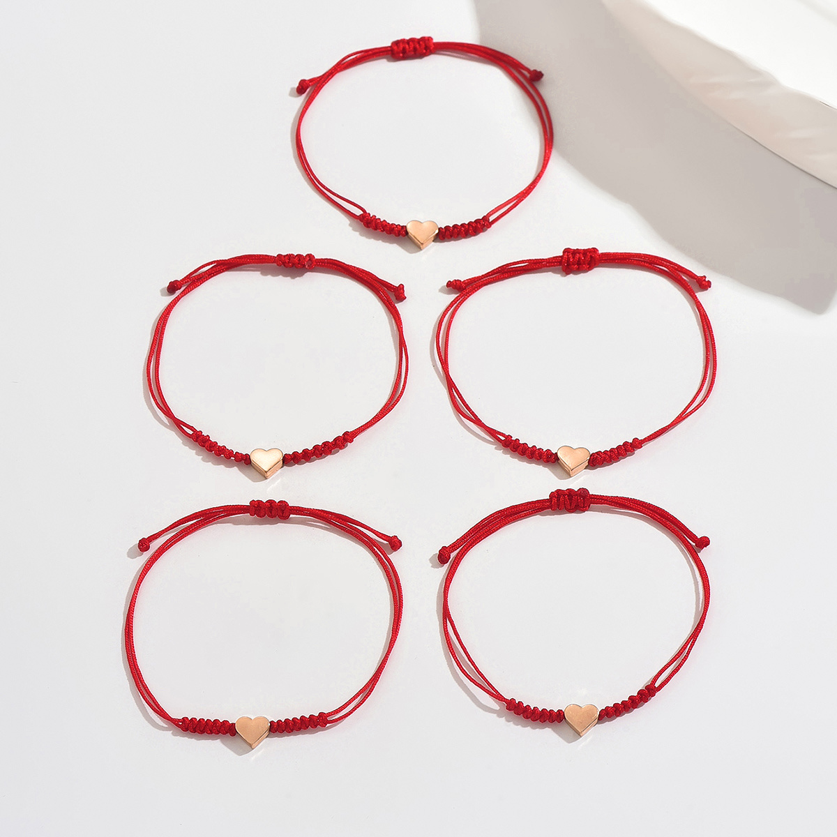 5pc Red Braided Heart Adjustable Friendship Bracelet Set