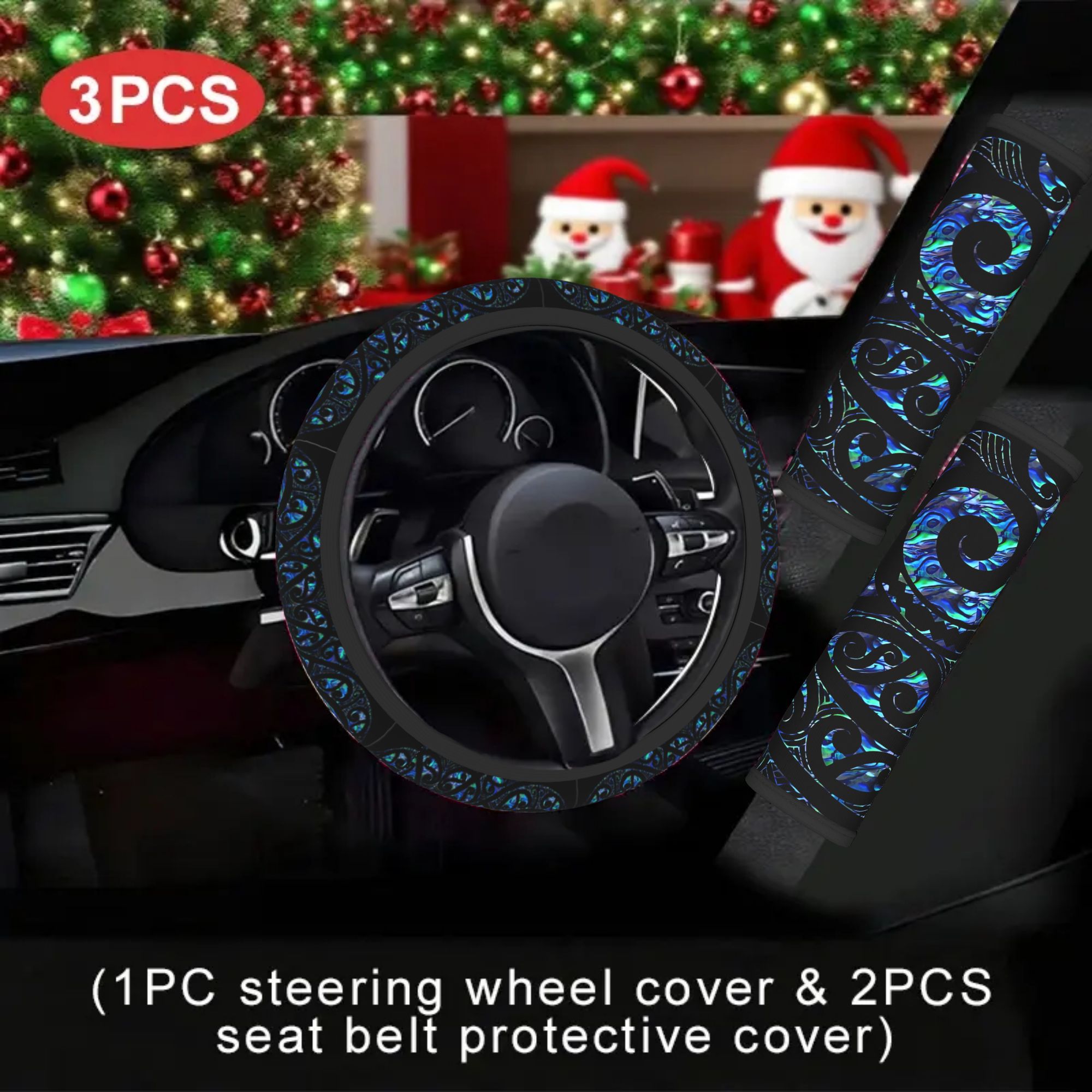 TEMU 3pcs Maori Paua Shell Tattoo Car Interior - Steering Wheel Cover & Seat Belt Shoulder Pads With Maori Tribal Suitable For Car, Trucks,, Ideal