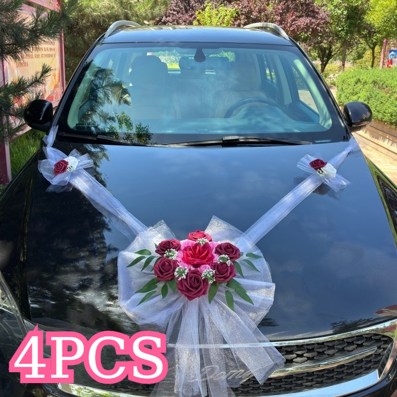 Image of 4pcs European Wedding Car Decorations With Artificial Flowers, Veil & Bow Garland - Plastic Wedding Ribbon Suitable For Wedding , Bridal Entrance, For /christmas/valentine' Day, Wedding Supplies