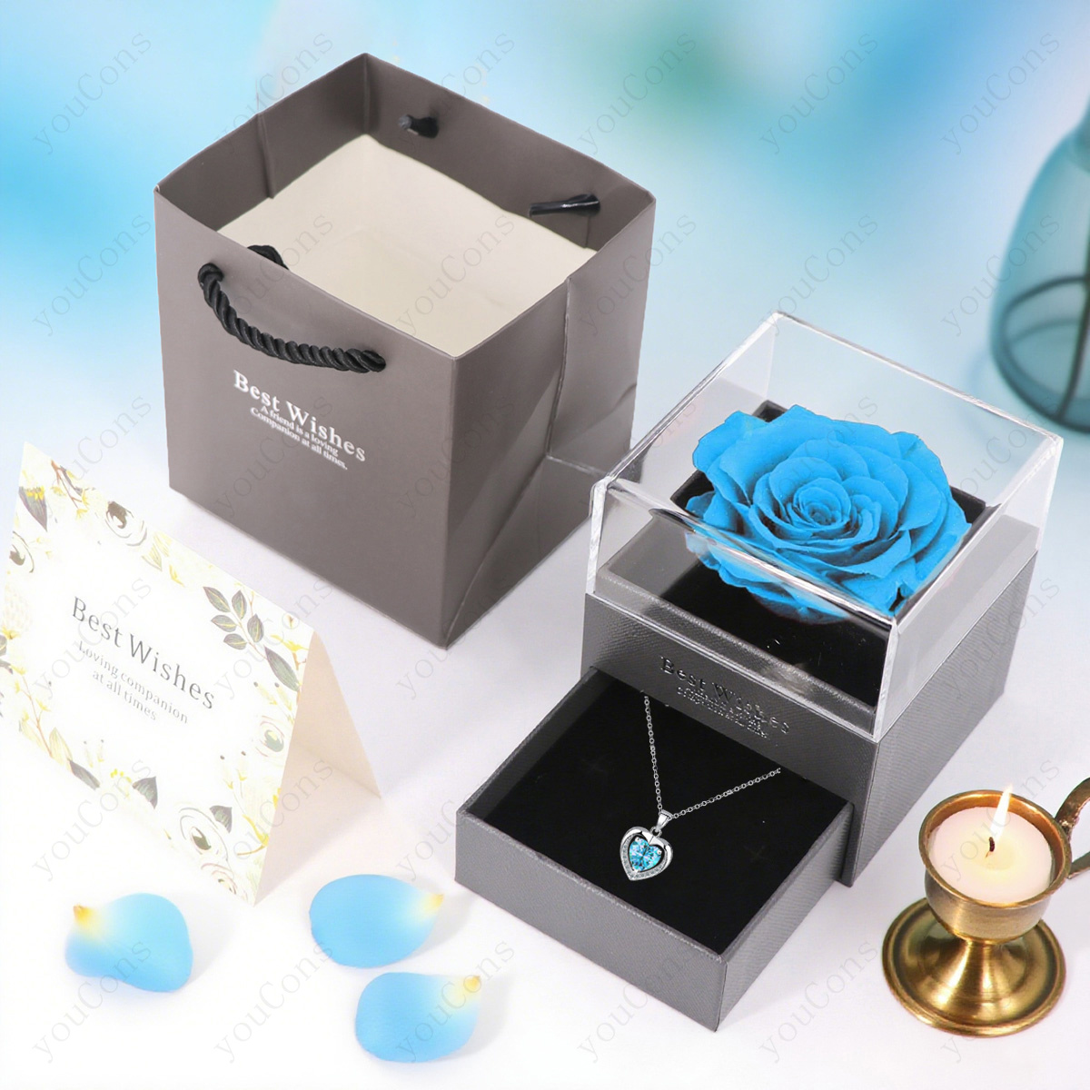 Light Blue Double Heart Pendant Necklace with Exquisite Gift Box, Romantic Gift