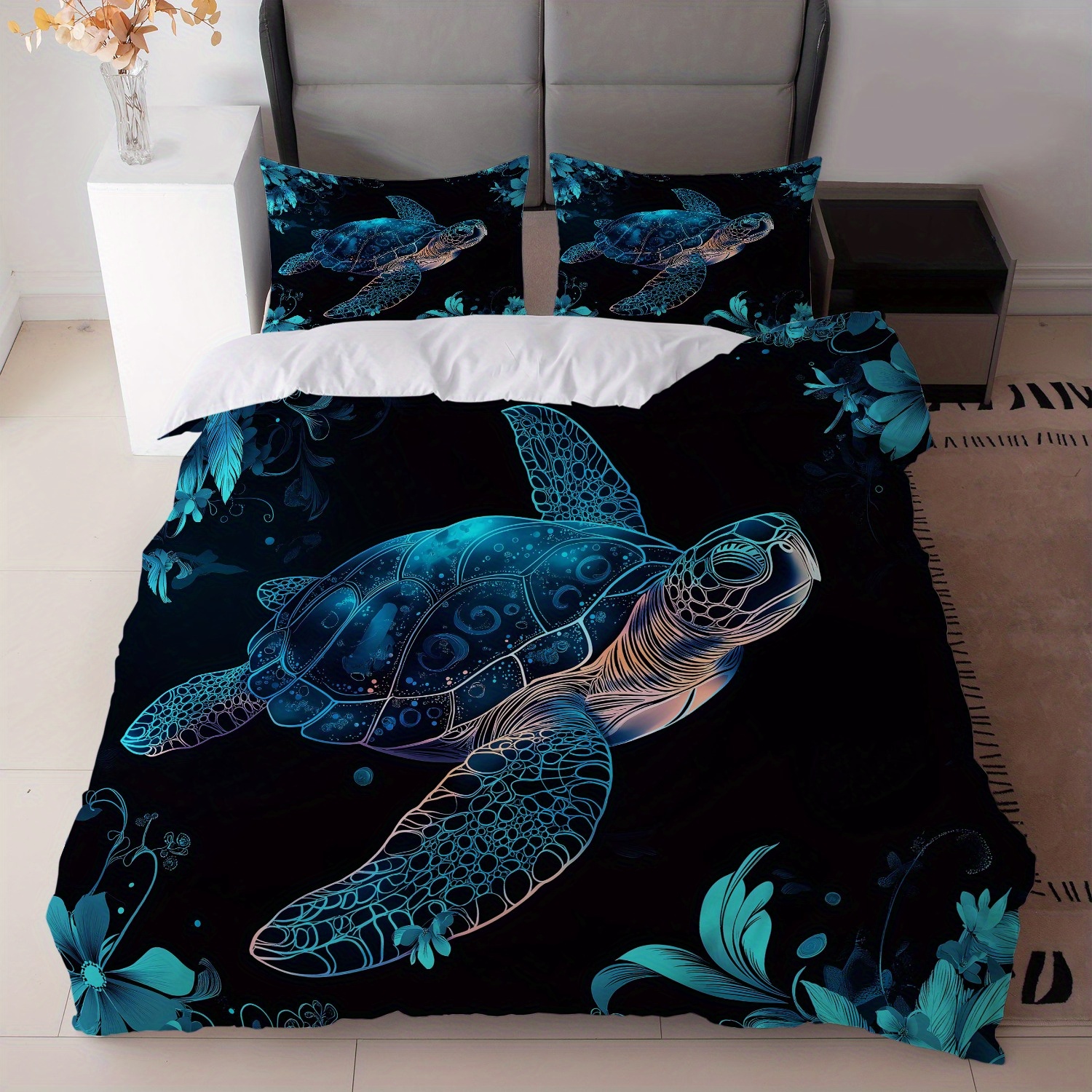 TEMU Ensemble de Literie Imprimé Tortue 3 pièces (1 Housse de Couette + 2 Taies d'Oreiller, Garniture) - Idéal pour Chambre à Coucher ou Chambre