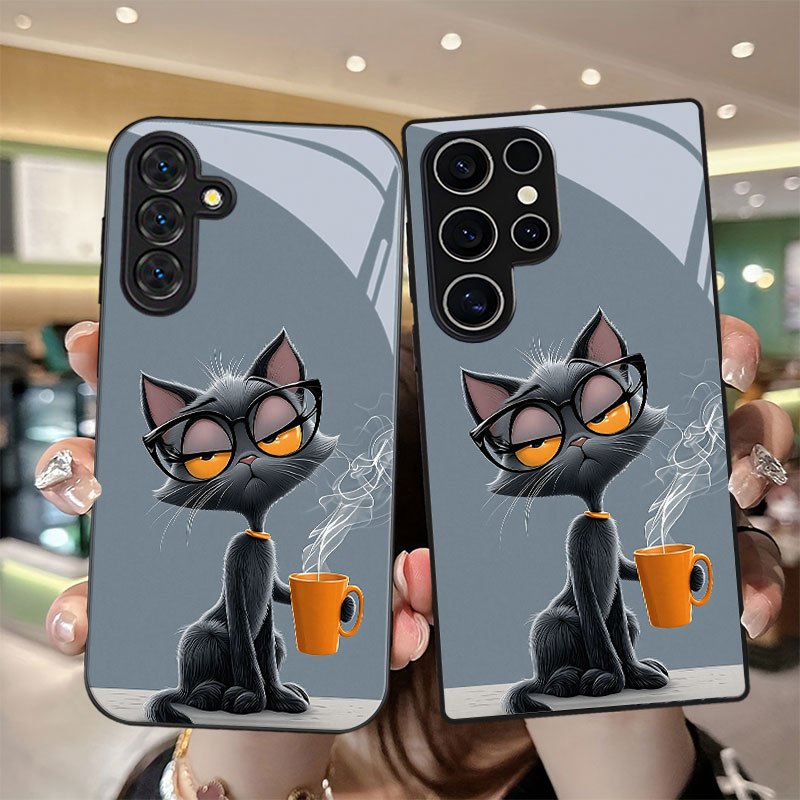 TEMU Phone Case - Black Cartoon Cat Glasses Cat Pattern Phone Case For Galaxy