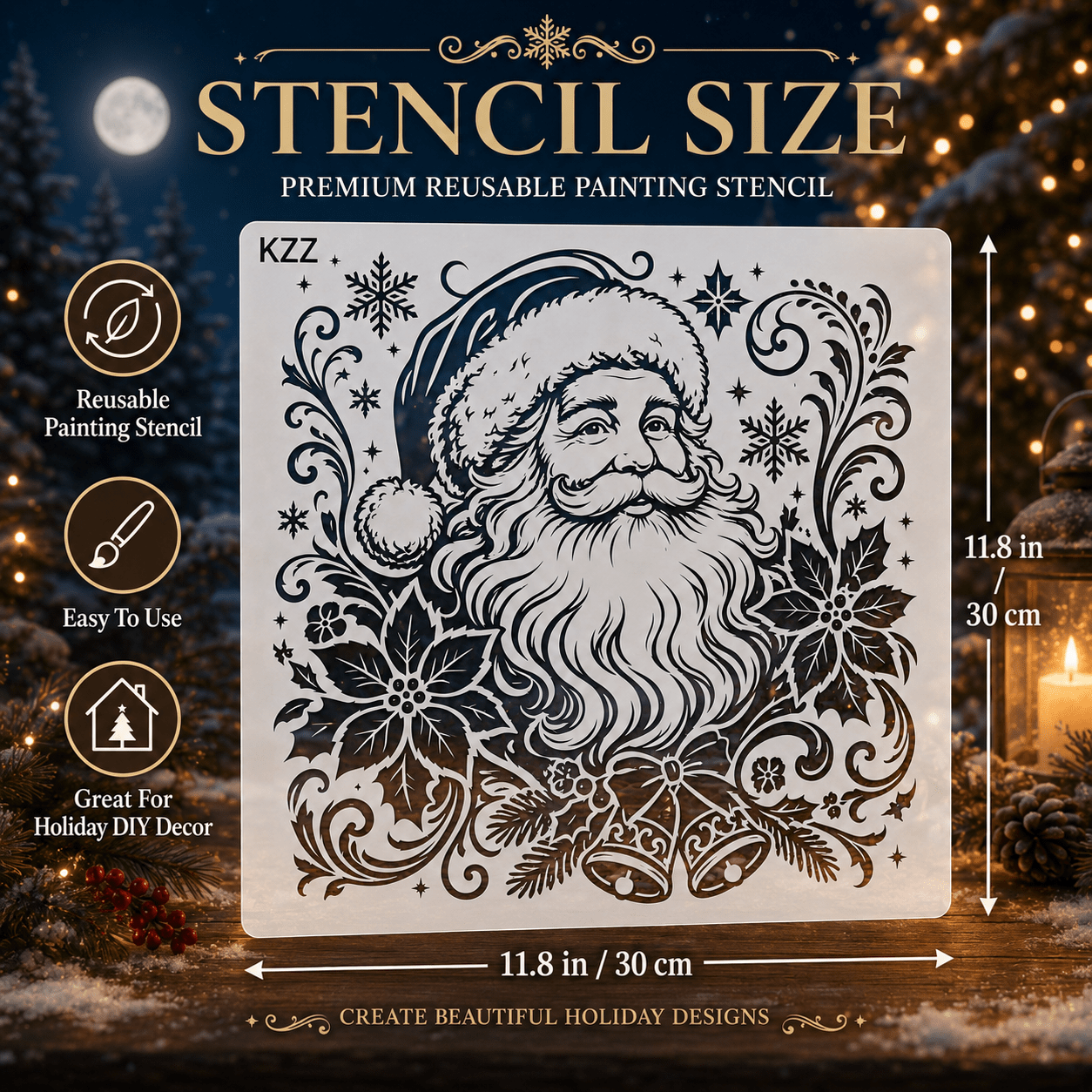 TEMU Kzz Large Santa Claus Stencil, Detailed Reusable Painting Template With Snowflakes Poinsettias Bells And Ornate Designs For Wall Canvas Fabric