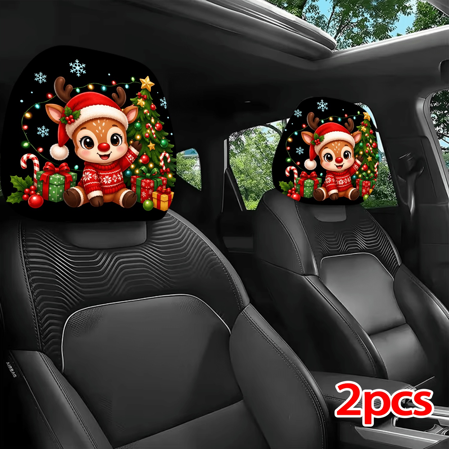 TEMU 2pcs Housses d'-tête de voiture avec motif de de Noël et sapin de Noël, amusantes et ludiques, 2D plates, style moderne, faciles à installer et