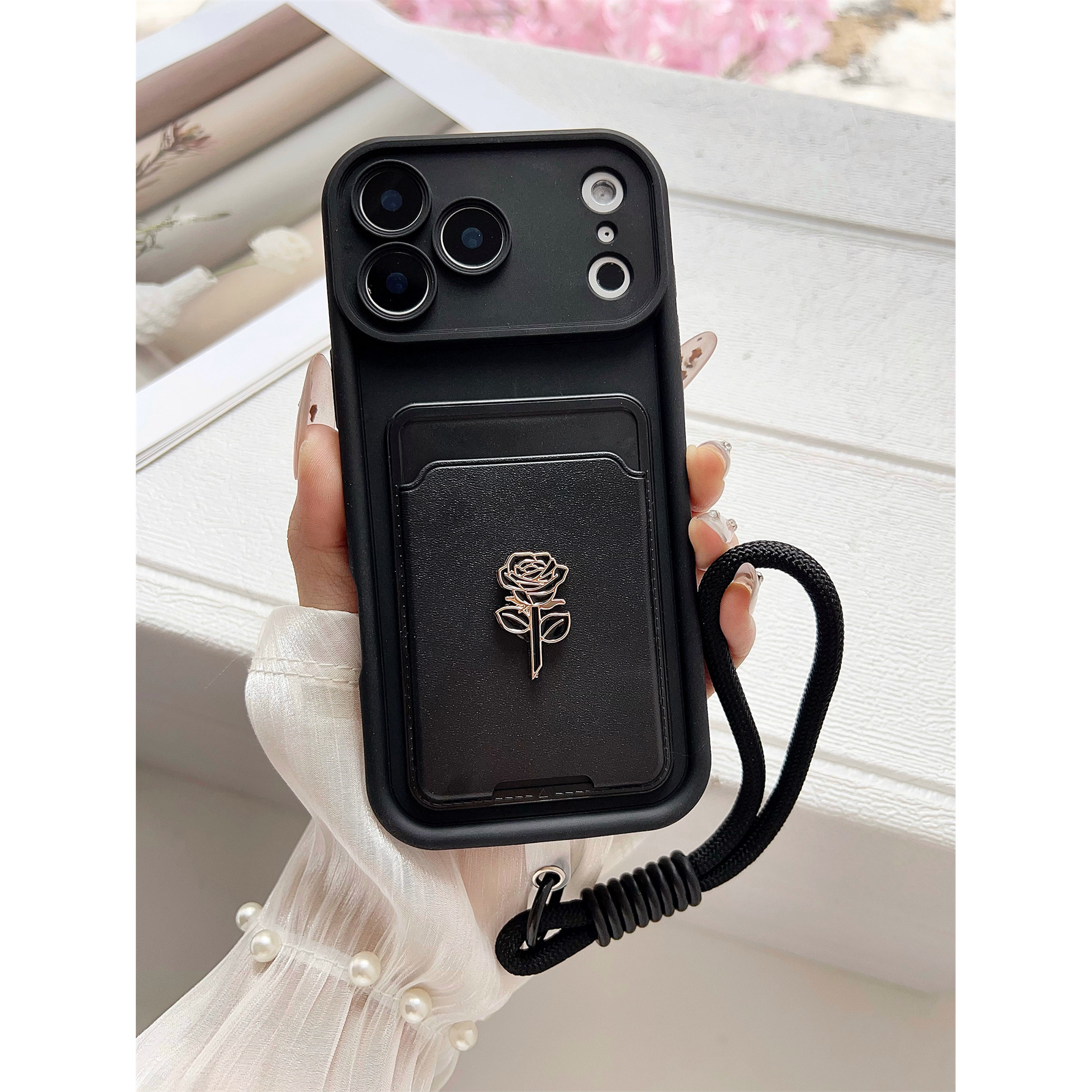 TEMU Phone Case - 1pc Gold-rimmed 3d Rose Flower Card Holder Diamond Phone Case, Full-coverage Anti-drop Soft Case With Card Holder And Portable