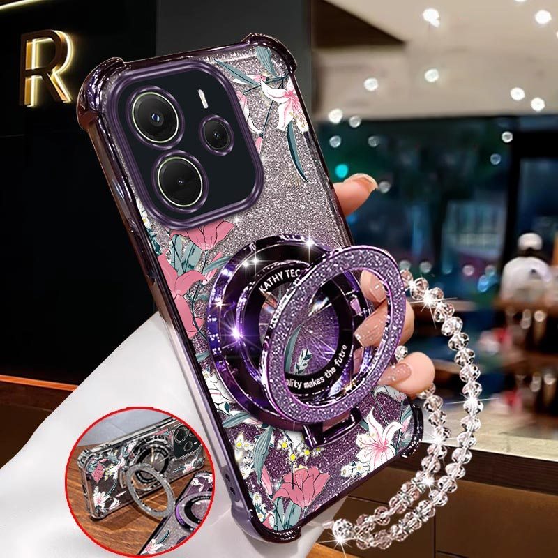 TEMU para Teléfono - Flores Rosadas con Soporte Circular y Lanyard con Cuentas Transparentes, Protección Adecuada para Redmi Note 14 5G, Fundas para