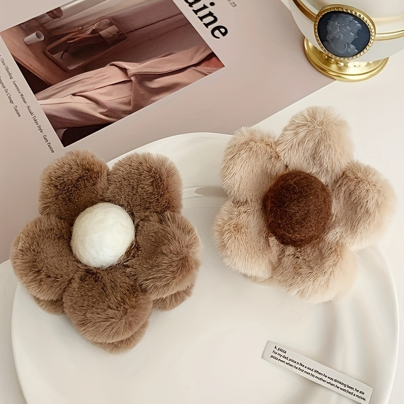Image of 2pcs Plush Flower Hair Clips- Soft Fluffy Faux Fur Floral Hair Additions For Women, Brown& Beige, Lightweight Non-slip Hairpins For Everyday& Special Occasions, Additions For Hair, Faux Fur Accessory