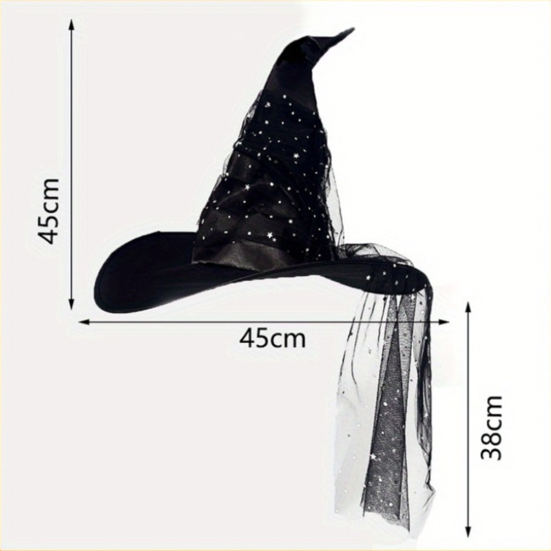 Image of Women Gothic Black Witch Pointed Hat With Star Glitter Yarn Veil, Halloween Party Cosplay Costume Accessory For Women, Fancy Dress Party Headwear