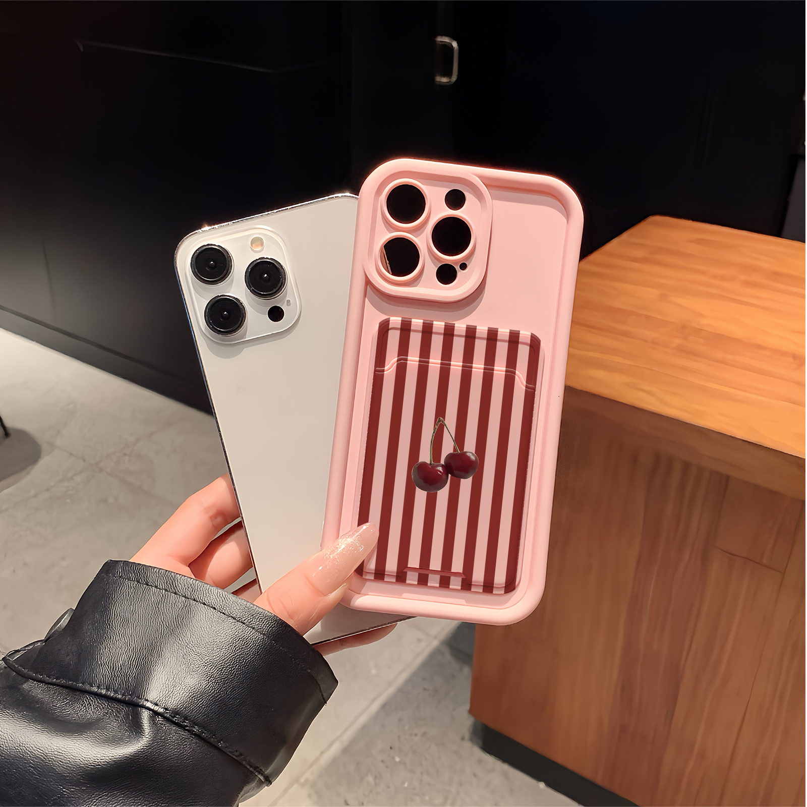 TEMU Phone Case - The Product Is A 2d Image, Not A 3d Image. 2pcs Set: Pink Self-adhesive /card Slot Phone Case And Card Holder With Striped Cherries
