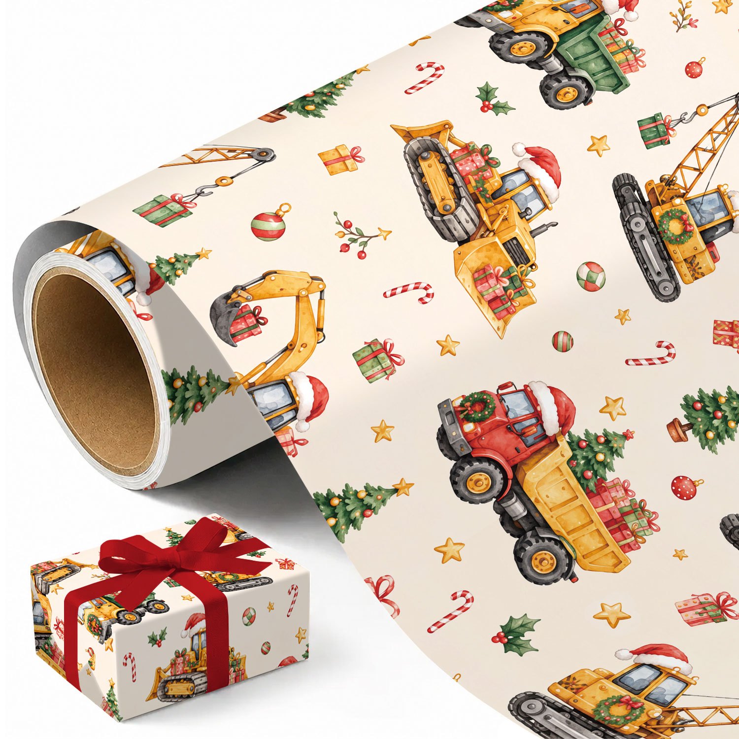 TEMU 1 Rouleau de de Noël Dessin Animé - Motif de Véhicules de Chantier de Noël, pour les Fêtes - Mesurant × 300 cm (17,7 po × 118 po)
