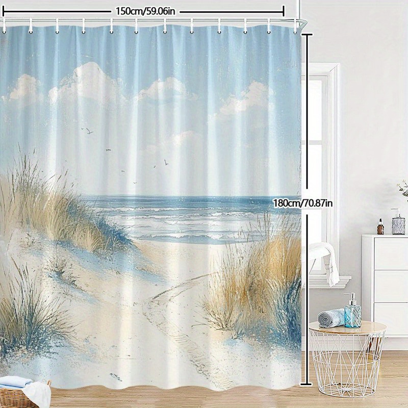 TEMU 1pc Coastal Landscape Shower Curtain - Vibrant Path To Ocean, Golden Beach Grass & In - Durable Polyester Fabric, Machine Washable With Hooks