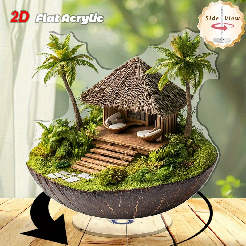 TEMU 2d Flat, 2d Rotating Acrylic Tropical Hut Desktop Ornament—thatched Roof With Greenery And Palm Trees, A Outdoor , Suitable For Indoor And
