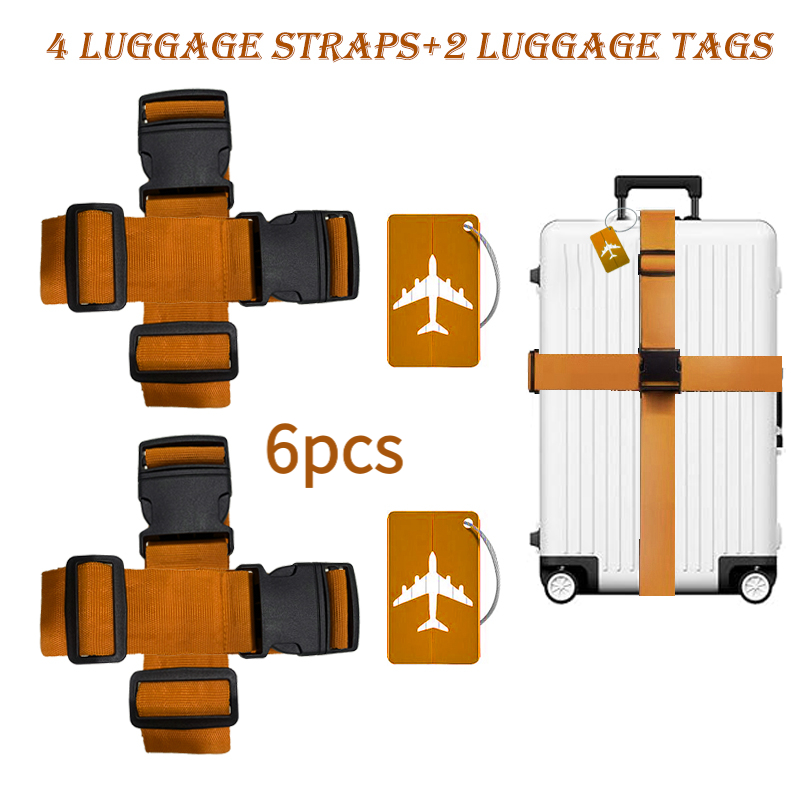 TEMU 6pcs Set, Luggage Strap Set (4pcs Luggage Belts And 2pcs Luggage Tags) Adjustable Luggage Bundling Straps And Luggage Tag Set, Travel Adjustable