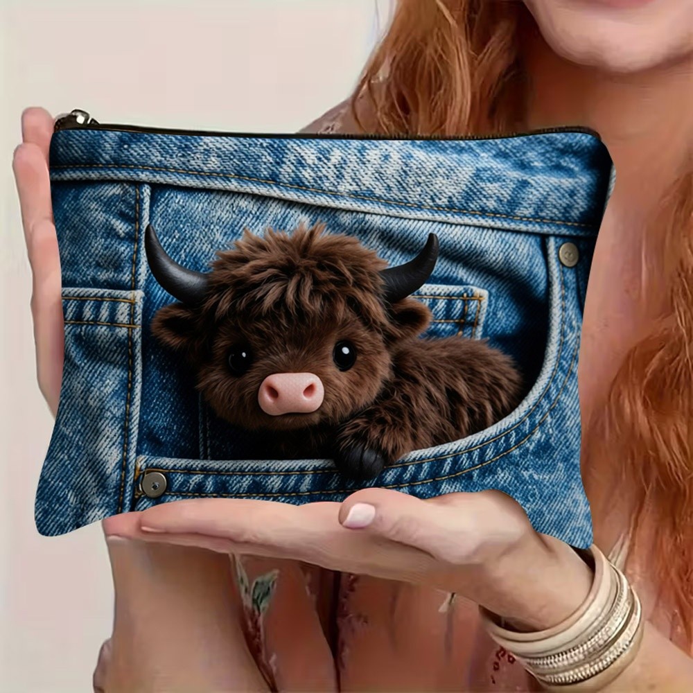 TEMU Cute Fluffy Brown Cow Stuffed Decor Makeup Bag, Soft Durable Polyester Cosmetic Pouch, Portable Toiletry Organizer For & Personal Beauty Storage