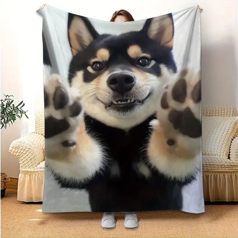 TEMU 【商品名】ふわふわシバ犬。ソフトでオール対応。愛らしい黒と白の犬の足跡付きデザイン。ソファ、寝室、旅行、キャンプに最適。キャンプ用品 | 活発な犬のデザイン | ふわふわの質感、シバ犬