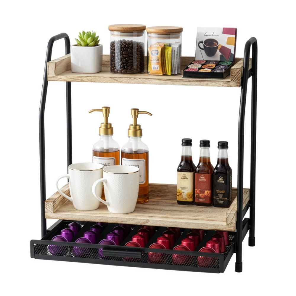 Wood Coffee Station Storage Rack With Coffee Capsule Drawer & Double-tier Countertop Shelf - Space- Suitable For Coffee Bar, , Kitchen, Compatible For Coffee Pods And Tea Cups