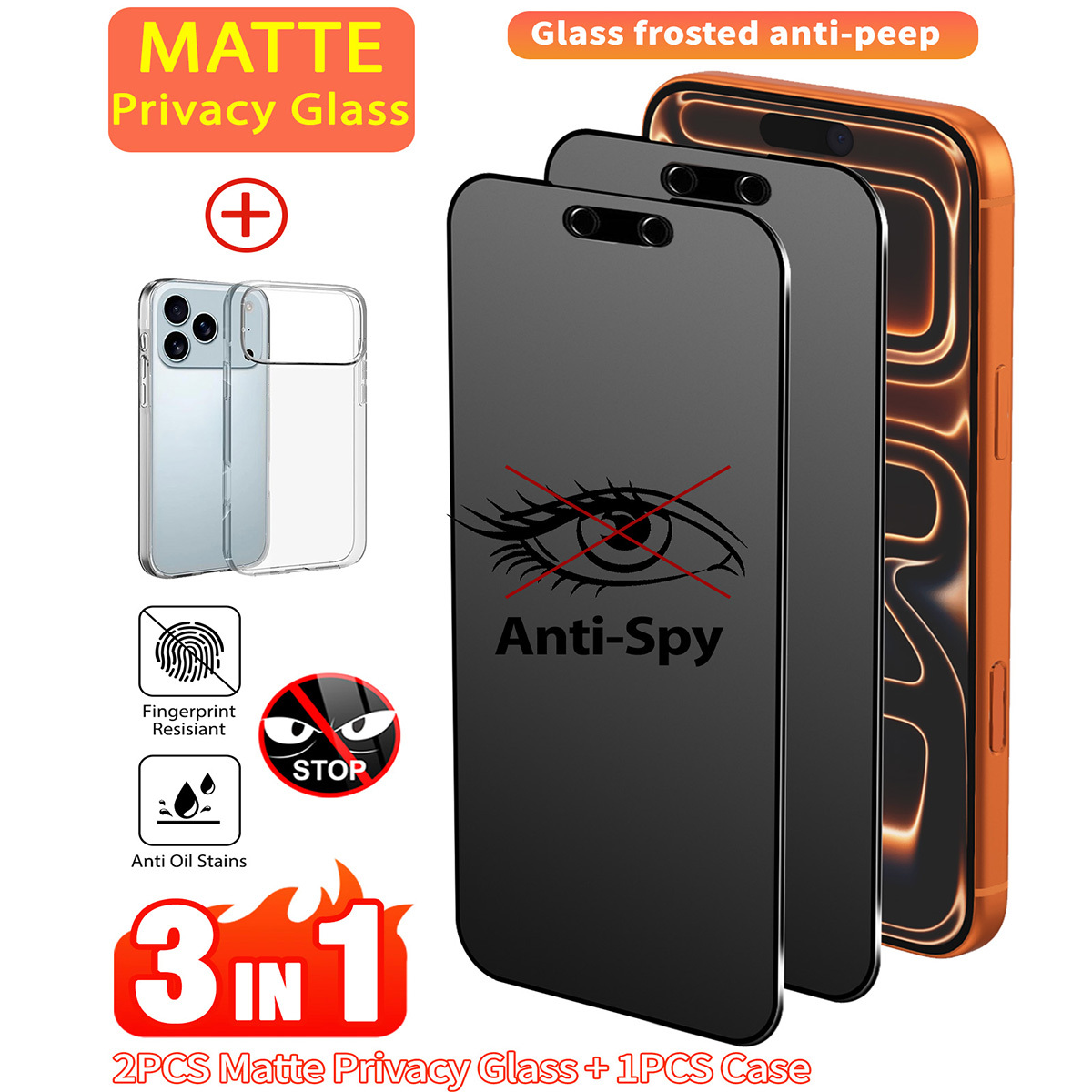 E-shop 3-in-1 Schutzset mit 2 mattierten Sichtschutz-Tempered-Gläsern 1 TPU-Hülle, 9H Härte, -Spionage, -Fingerabdruck, Kompatibel mit iPhone 17 Pro