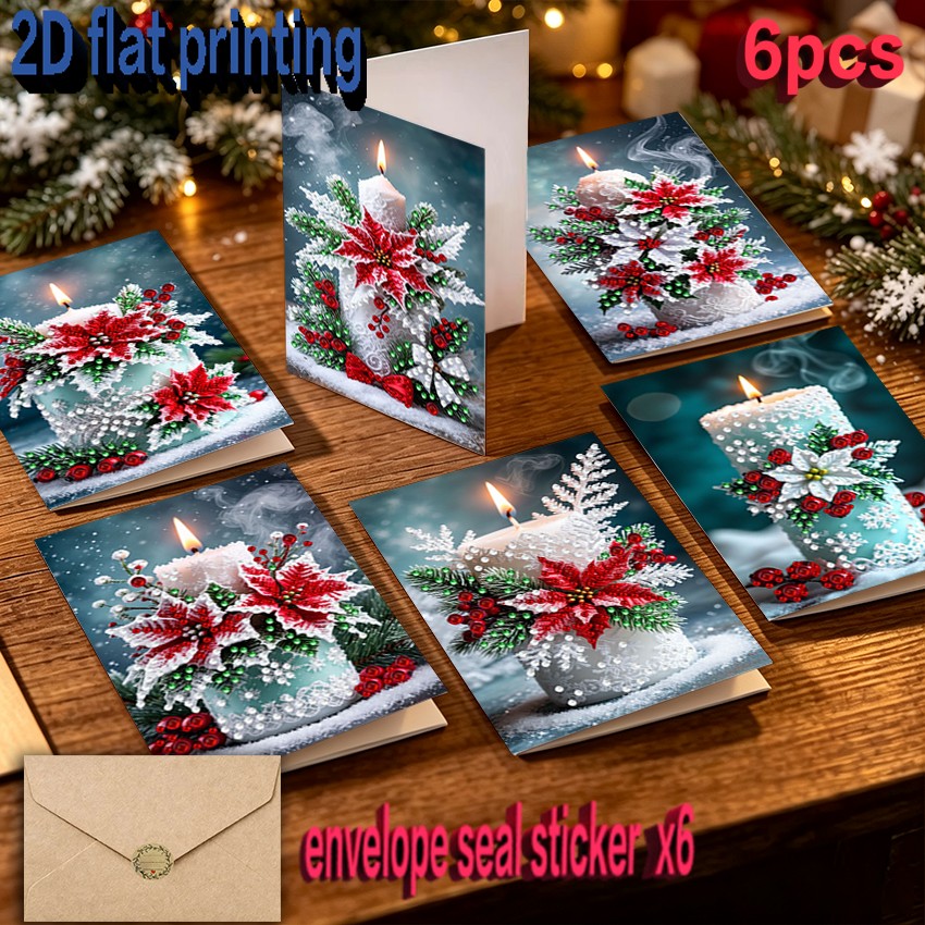 TEMU New Arrival 6pcs 2d Flat Diy Sparkling Diamond Greeting Card Kit Christmas Candle Pattern 7.48in X 5.11in Handmade Diy Suitable For Gifting To ,