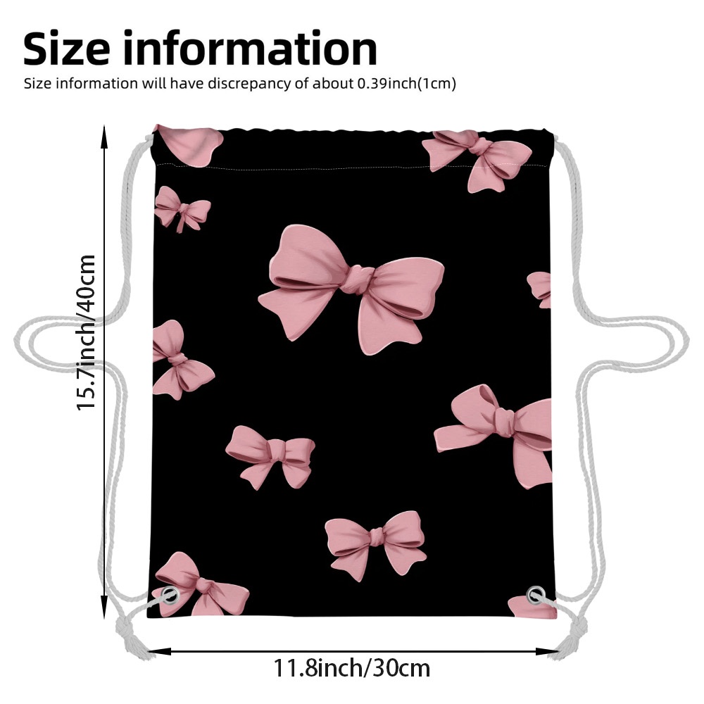 TEMU 1pc Drawstring Backpack With Pink Bows 2d Flat Print Design - Lightweight Portable Gym Bag For Yoga, Soccer, Travel And Outdoor Sports - Durable