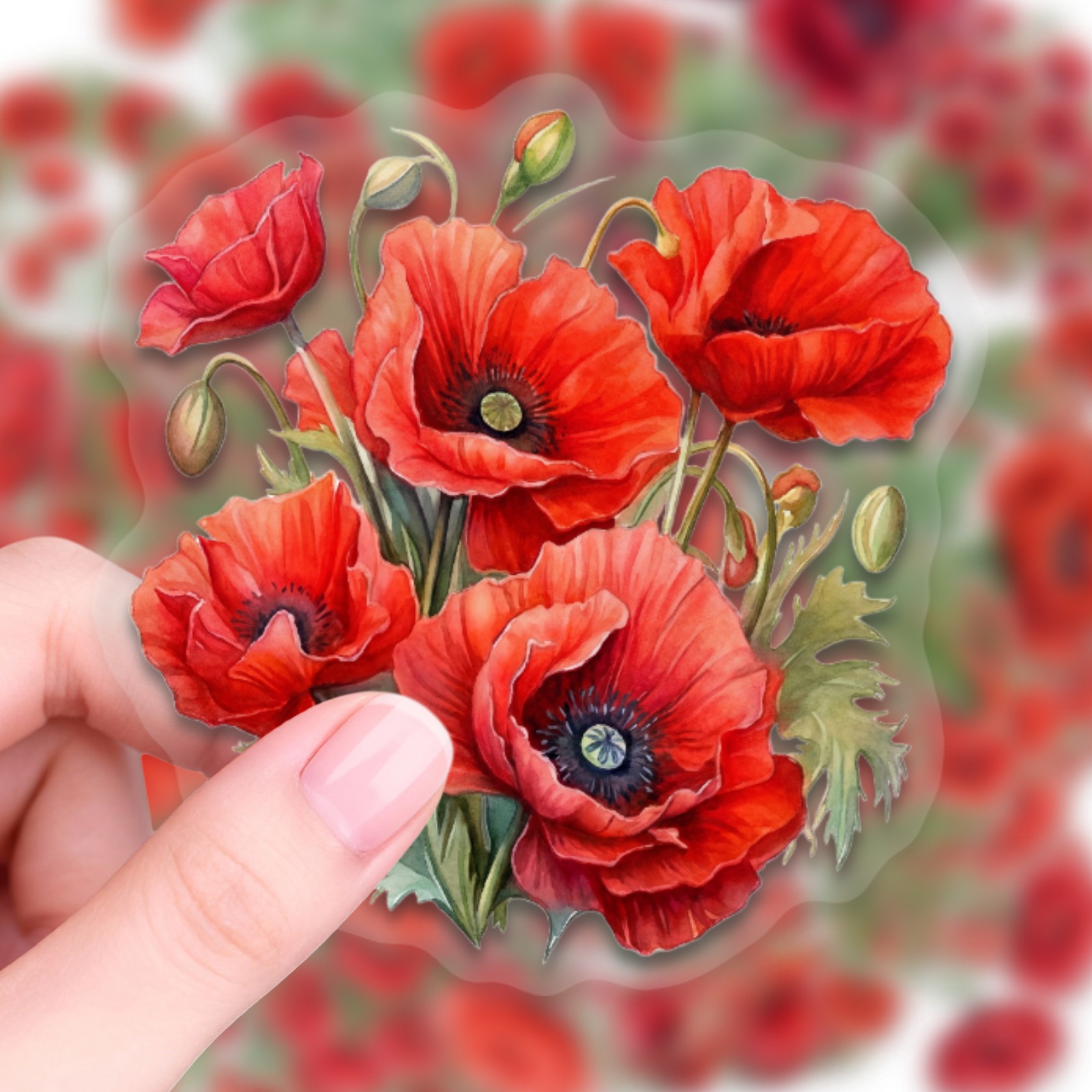 Image of 50pcs Retro Poppy Stickers Watercolor Illustration Style Pastoral Floral Theme Soft Color Fresh Literary Stickers Fit For Scrapbooks And Luggage