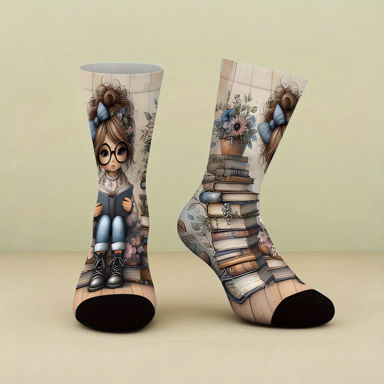 TEMU 1 Par de Calcetines de Media Caña Estampados con una Niña Leyendo un Libro Azul . Calcetines de Calidad para Mujeres, Estilo de Otoño/Invierno,