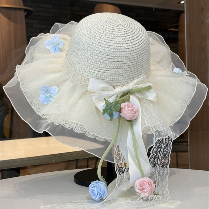 Summer Ribbon Flower Lace Bow Straw Hat, Hat, Beach Sun Hat