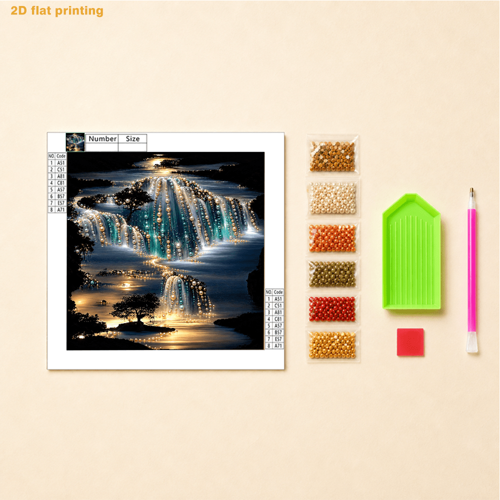 TEMU 2d Flat Printing, Pearl Art Kit - Glowing Tiered Waterfall Under Starry Sky Pattern, Includes Round Pearls, Sparkling Gems, Clear Symbols,