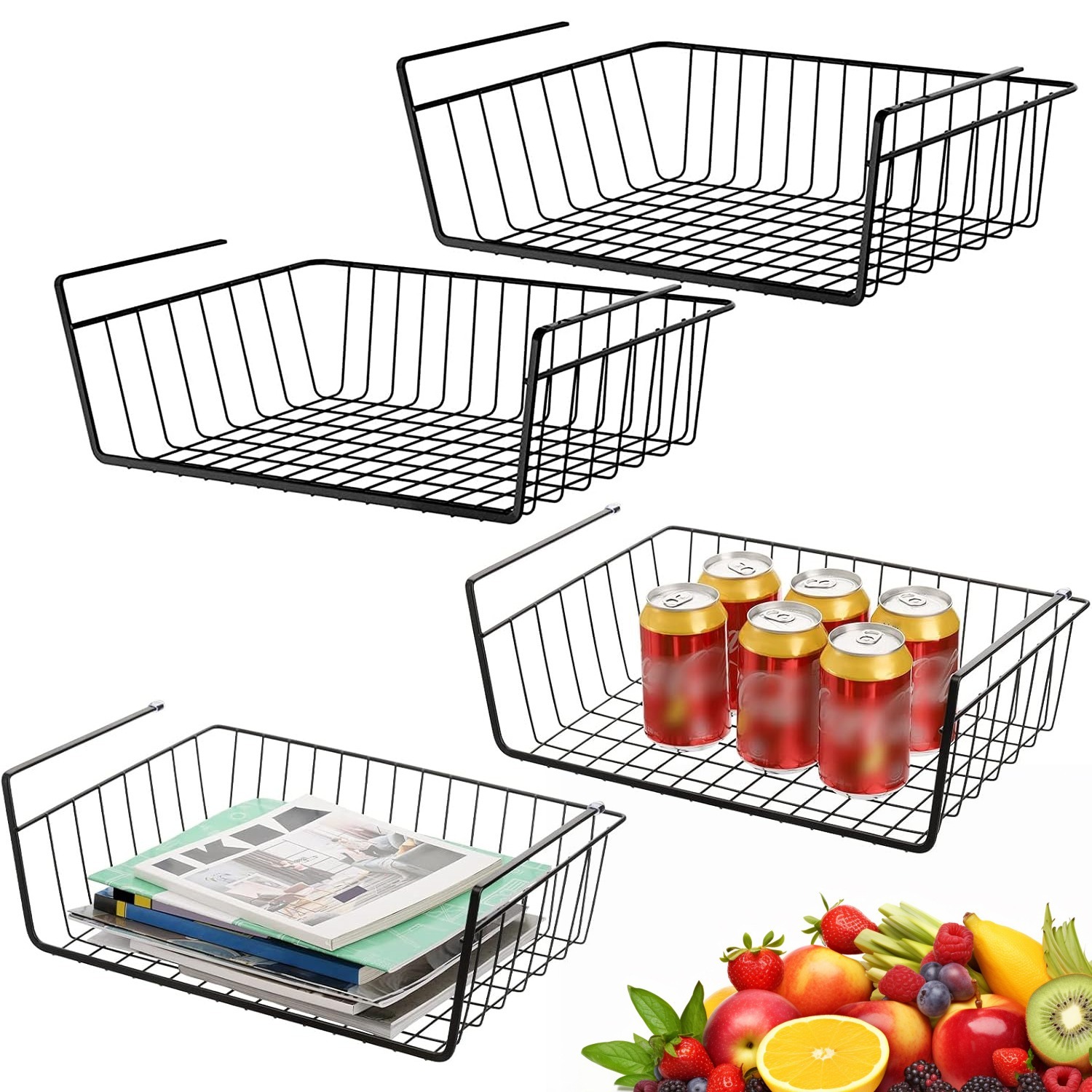 Image of Set Of 4 Space Saving Storage Baskets With Hollow Mesh Design, Installation For Closet Shelves And Tables, Ideal For Organizing Kitchen Dining Room And Bathroom, Utility Racks