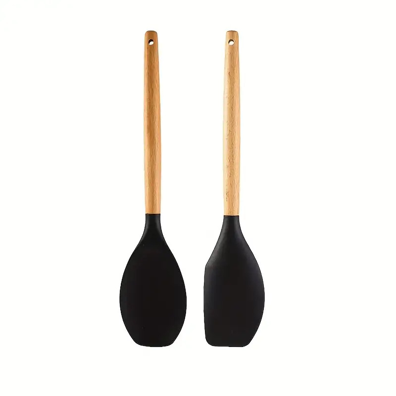 Image of 2pcs Silicone Cooking Utensil Set With Wooden Handles - Heat-resistant Cooking Spatula - Soup Spoon, Stirring Spoon - Durable Kitchen Tools