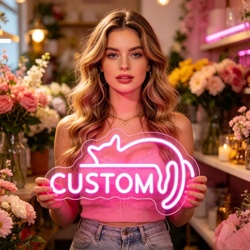 Custom Pink LED Neon Sign, Lazy Cat-Shaped, USB Powered