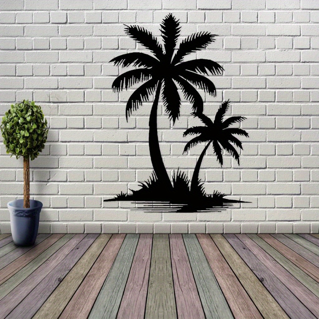 TEMU 1pc Contemporary Wall Sculpture - Modern Metal Palm , Black Iron Branches & Green Foliage For /outdoor & Office Decor, Beach Theme, Holiday